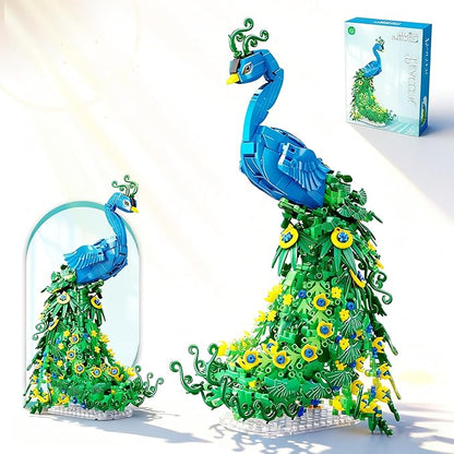 Flowers Peacock Building Block Set Fly Animal Art Bird Peacock on Botanicals Green Vivid Feather DIY Bonsai Tree Bricks Kit Home Office Decor Ideal Valentine's Day Toy Gift for Lover Teen(807PCS)