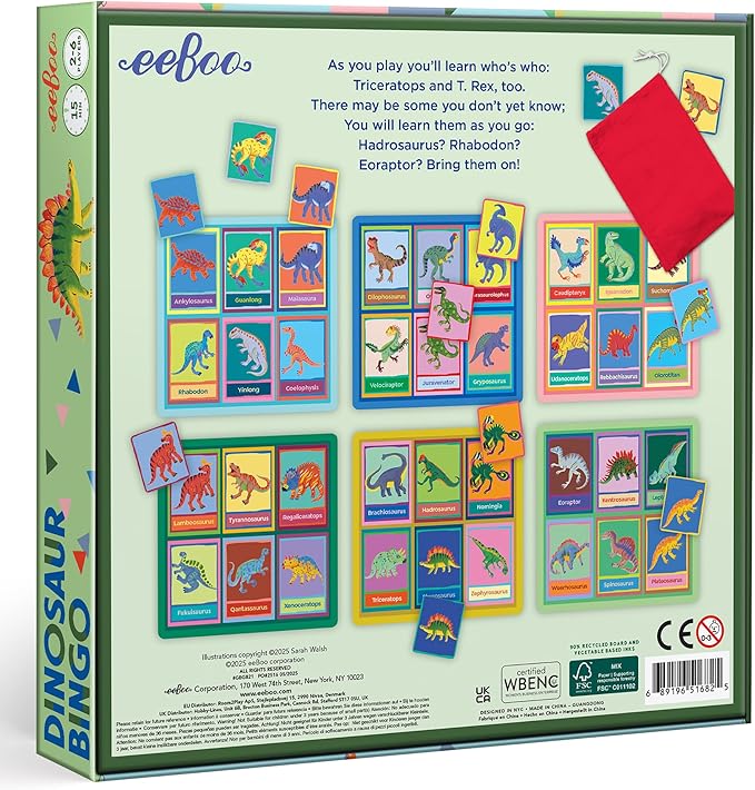 eeBoo: Dinosaur Bingo for Kids Ages 5+ Prehistoric Theme Learning Game That Teaches Dinosaur Names &amp Builds Vocabulary