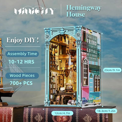 Book Nook Kit DIY Miniature Dollhouse Booknook Kit 3D Wooden Puzzle Bookend Bookshelf Insert Decor with LED Light for Teens and Adults(Hemingway House)