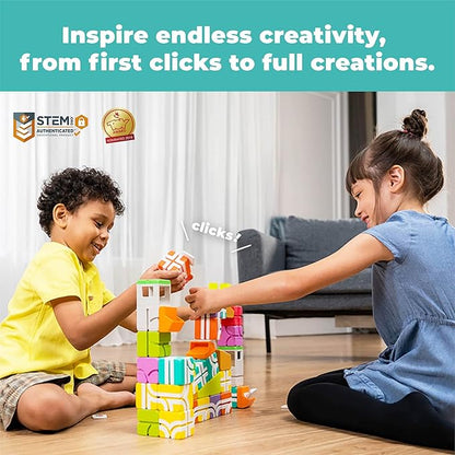 QBI Magnetic Blocks Play Starter Set – STEM Construction Toys &amp Race Car Track for Kids Ages 3-5+｜Educational Magnet Building Tiles with 2 Ramps &amp 4 Vehicles｜Montessori Gift for Boys &amp Gir