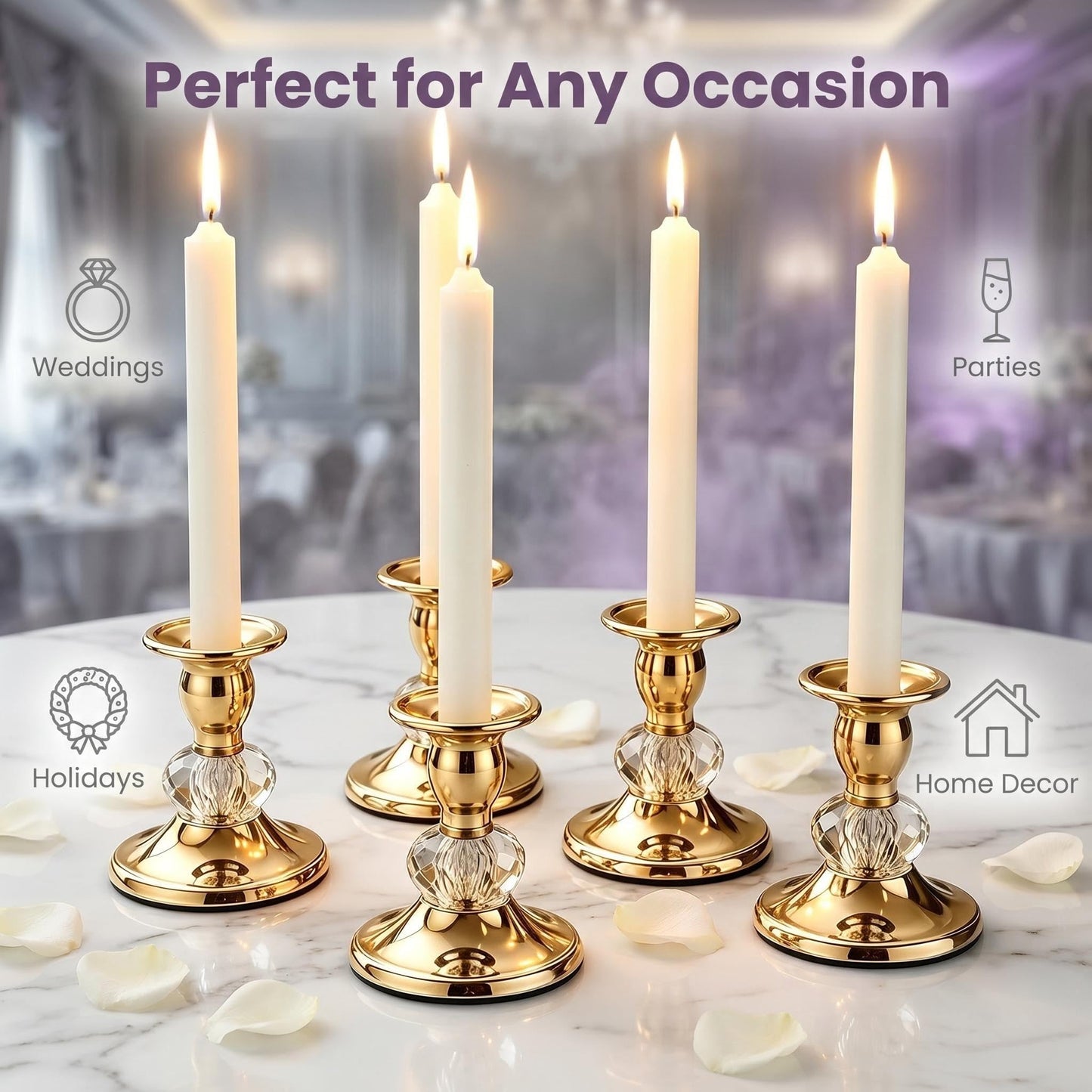 Candlestick Holders Taper Candle Holders, Candle Stick Candle Holder for Table Centerpiece, Wedding Reception, Festive Christmas Mantel Decoration or Home Decor(Golden, 6 Sets(12 Pcs))