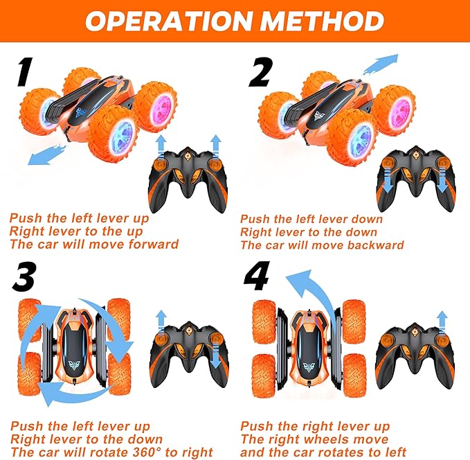 Remote Control Car 2.4GHz Electric Race Stunt Car Double Sided 360° Rolling Rotating Rotation LED Headlights RC 4WD High Speed Off Road Gift for 3 4 5 6 7 8-12 Year Old Boy Toys (Orange)