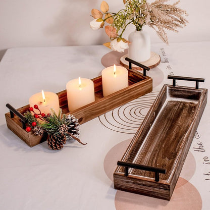 Rustic Wood Serving Tray, Brown Wooden Tray, Centerpiece Tray for Dining Table, Farmhouse Plant Tray, Candle Holder, Long Narrow Ottoman Trays for Wine Coffee Table Kitchen Decor (Wood Brown)
