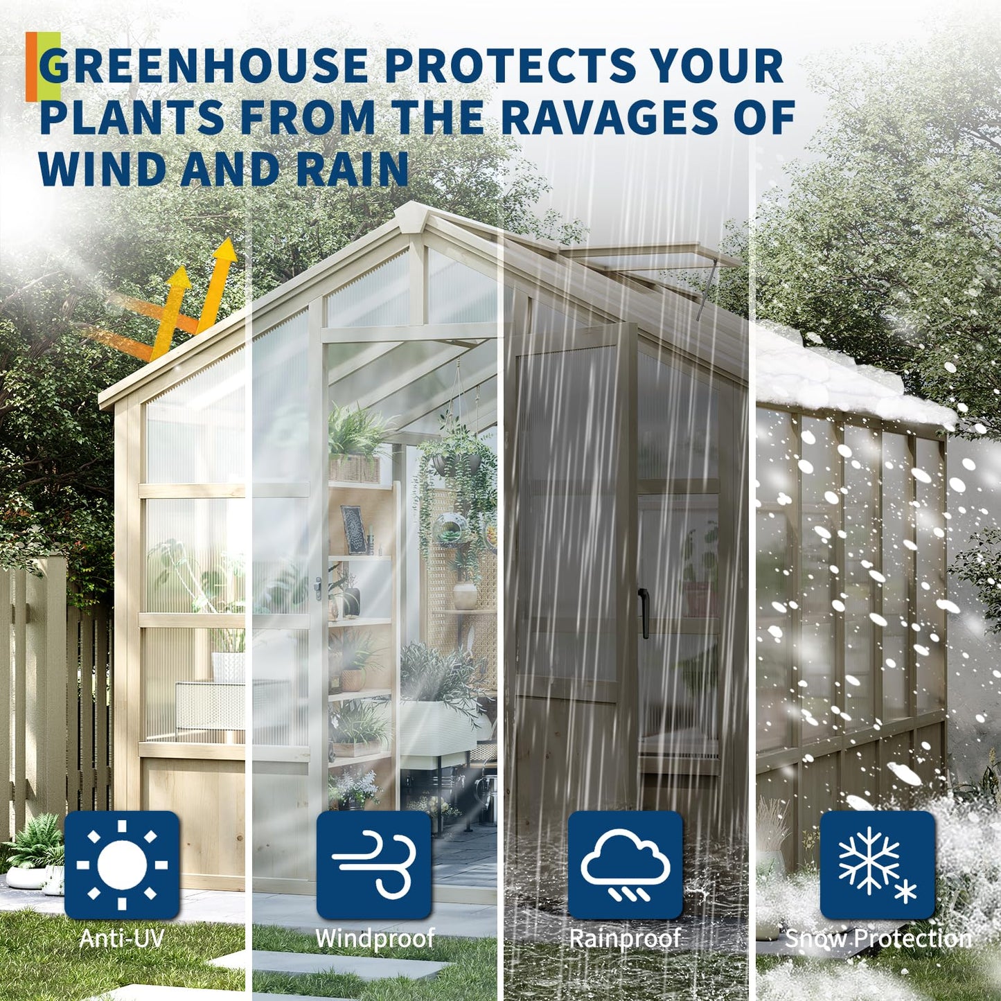 Garvee 8x10 ft Wooden Greenhouse, Greenhouses for Outdoors with Lockable Door, Wood Frame & Adjustable Vent, Heavy Duty Greenhouse with Polycarbonate Panel for Outside, Garden, Yard, Light Brown