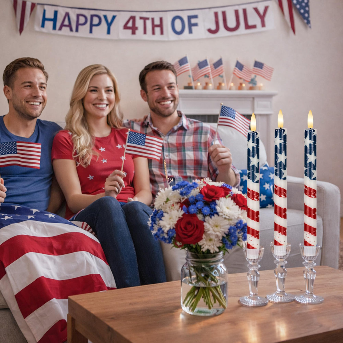 SEHNSY 4th of July Flameless Taper Candles with Remote and Timer, Real Wax Red White and Blue American Flag LED Candles, 250th Anniversary Patriotic Battery Operated Taper Candle Set