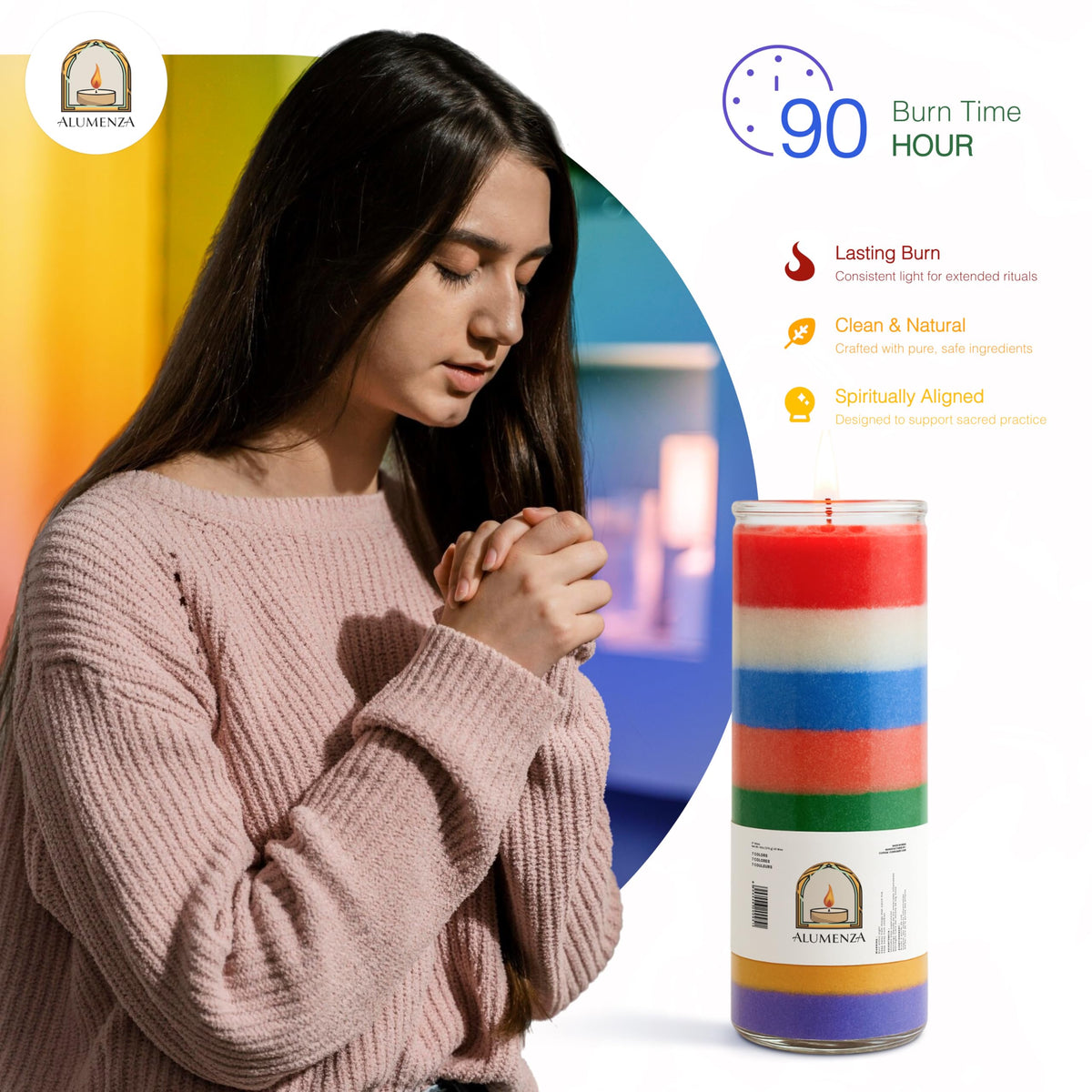 Alumenza 3 Pack 7 Color 7 Day Candles in Glass Jar – Paraffin Wax, Clean Burning Unscented | Large & Tall Devotional Prayer Pillar Candles for Home, Memorial, Spells, Long Lasting