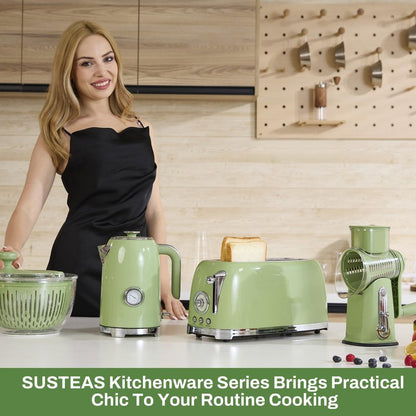 SUSTEAS Toaster 4 Slice Wide Slot, Stainless Steel Bread Bagel Toasters, Retro Long Slot Tostadora for Defrost, Reheat, Removable Crumb Tray, 1500W, 6 Browning Settings, Retro Green