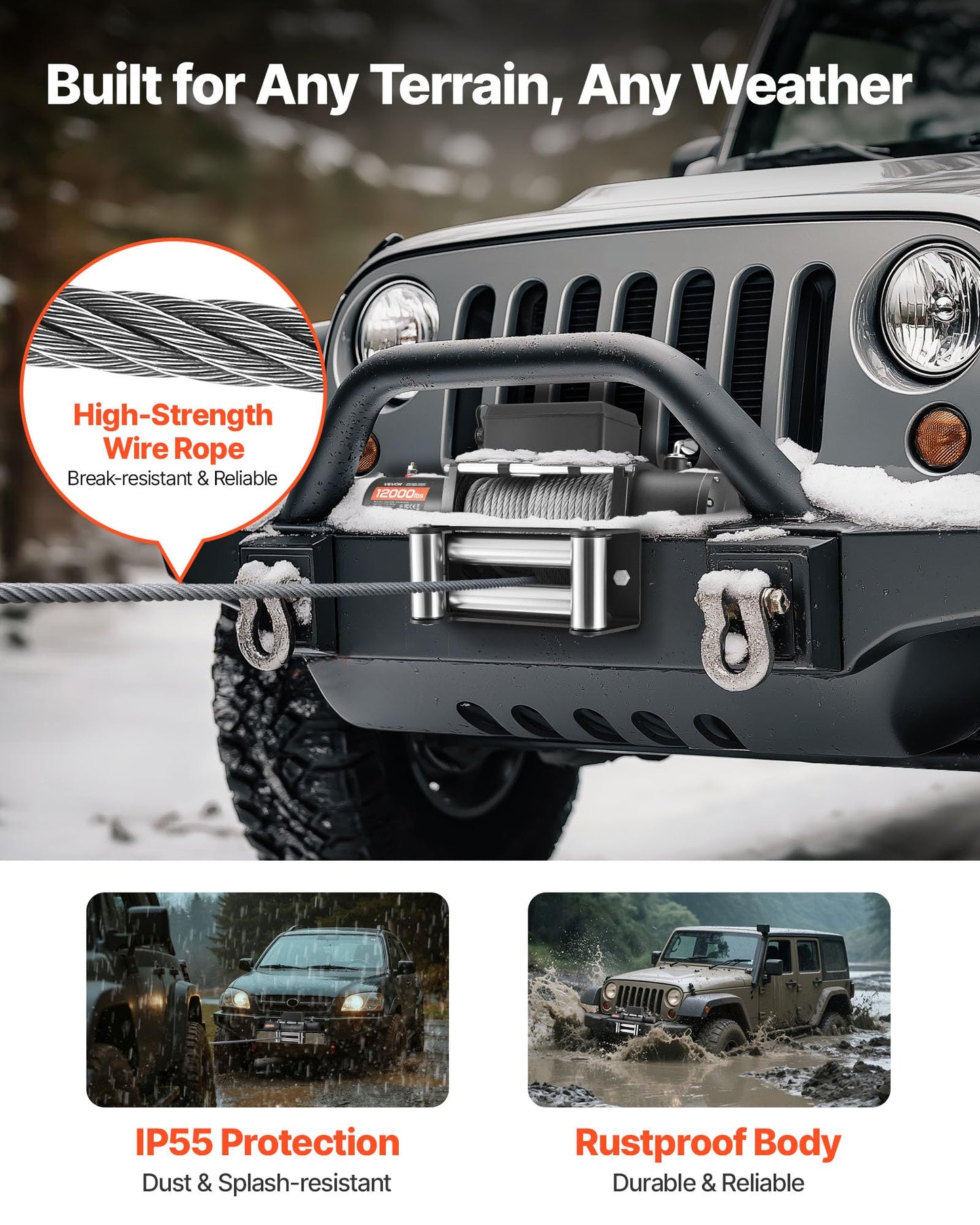 VEVOR Electric Winch, 12000 lbs Load Capacity, 12V DC Truck Winch with Φ0.36 in x 80 ft Steel Rope, Wireless & Wired Remote Control, IP55 Waterproof for Towing SUV Jeep Trailer Boat Off-Road Vehicle