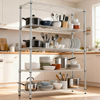 M MZG 1750LBS 47.2" W 5 Tiers Shelf Steel Storage Shelves Metal Shelving Unit Steel Organizer Wire Rack for Home,Kitchen,Office,Garage Chrome 17.7" D x 47.2" W x 72.4" H