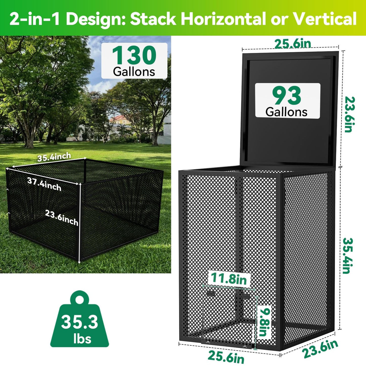 Compost Bin Outdoor with Lid - Large 93/130 Gal Composter 2-in-1 Design, Heavy-Duty Galvanized Steel Perforated Sheet with Rust-Proof Coating, Versatile Outdoor Fence, for Garden, Yard & Kitchen Waste