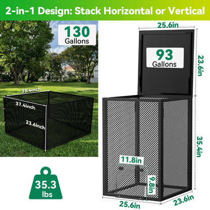 Compost Bin Outdoor with Lid - Large 93/130 Gal Composter 2-in-1 Design, Heavy-Duty Galvanized Steel Perforated Sheet with Rust-Proof Coating, Versatile Outdoor Fence, for Garden, Yard & Kitchen Waste