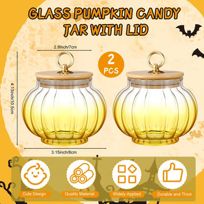 Suclain 2 Pcs Thanksgiving Glass Jars Pumpkin with Bamboo Lids 20 oz Fall Candy Dishes Cookie Bar Crystal Candy Bowl Storage Containers Snack Jars Decorative Glass Canister for Home Decoration