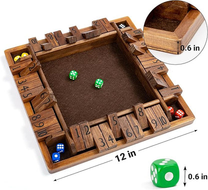 ropoda 12 Inches 4-Way Shut The Box Dice Board Game (2-4 Players) for Kids &amp Adults [4 Sided Large Wooden Board Game 8 Dice + Shut-The-Box Rules] Smart Game for Learning Addition