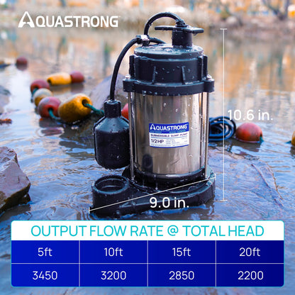 AQUASTRONG 1/2 HP Sump Pump, 3450 GPH Stainless Steel and Thermoplastic Submersible Water Pump, Automatic Float Switch with Piggy-back Plug,1-1/2" NPT Discharge Subpumps for Basement and Flooding Area