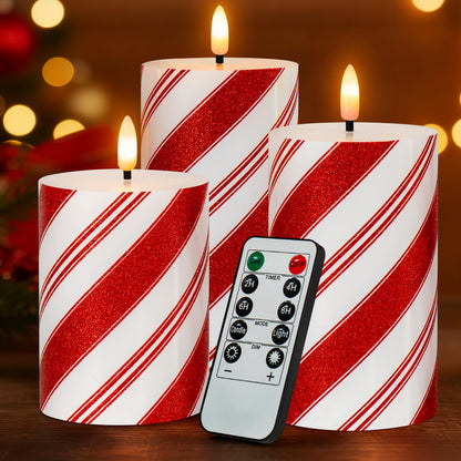 Lumeavetra Christmas Glitter Red Stripes LED Flameless Candles, Battery Operated Real Wax Pillar Candles with Remote and Timer for Holiday Table Centerpieces Home Decorations, Set of 3
