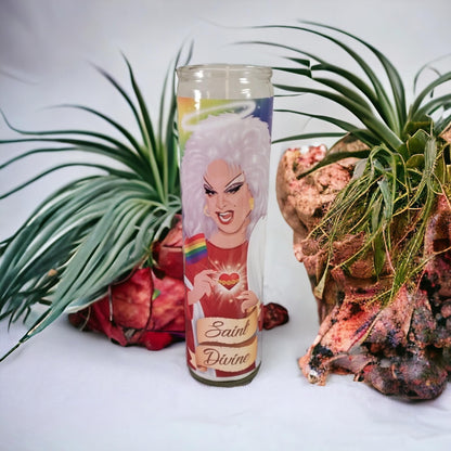 Saint Divine Queen of Filth Drag Gay Queer LGBTQ+ Pride Icon Celebrity Prayer Devotional Parody Candle - Funny, Novelty Gift - 8 inch, White, Cut - Unscented Glass