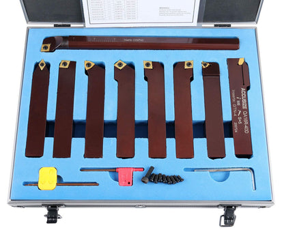 Accusize Industrial Tools 1" 9 Pieces/Set, Indexable Carbide Turning Tools and Boring Bar, 2988-0001