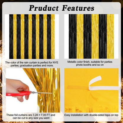 2 Pack Graduation Backdrop, 3.28 FT x 7.05 FT Black and Gold Foil Fringe Curtains, Metallic Foil Curtain Graduation Backdrop, Grad Party Supplies Black and Gold Party Decorations Class of 2026