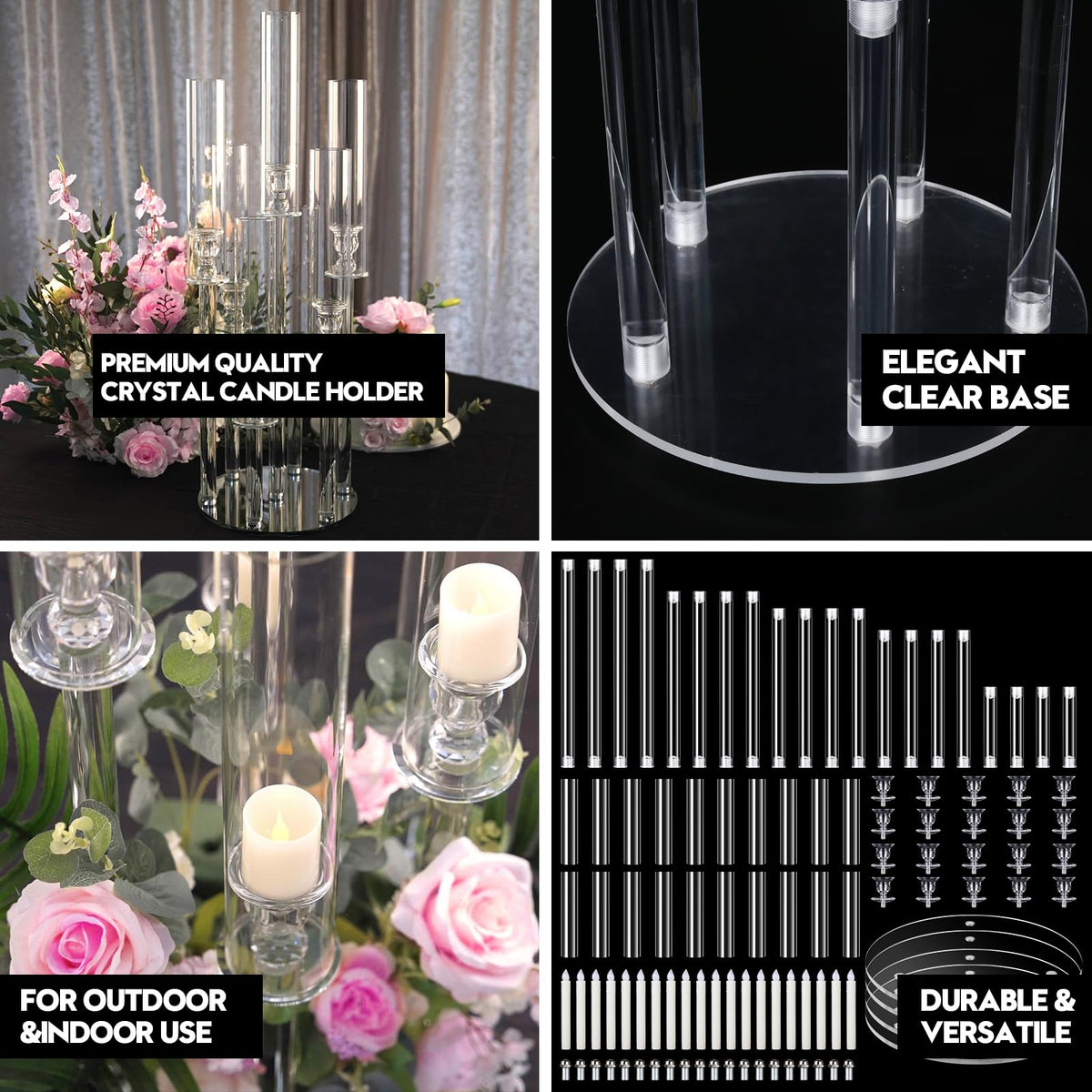 4 Set 5 Arm Acrylic Candle Holder with Candles, Mjkeomo 22.8'' Tall Table Candelabra Centerpiece, Lightweight Candelabra with Lampshades for Fireplace Mantel, Wedding, Housewarming Gift
