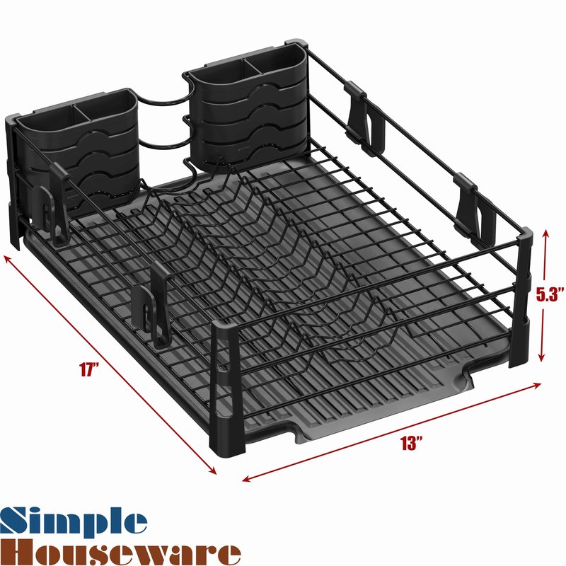 Simple Houseware Dish Drying Rack with Drainboard, Utensil Holder & Mug Hooks, Black Metal Kitchen Counter Organizer
