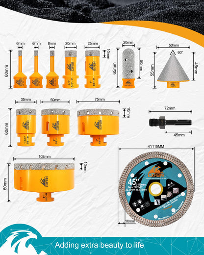 EXFEIN Diamond Core Drill Bits Set 13pcs - Diameter 1/4"(6mm) - 4"(102mm), 5/8-11" Thread Tile Hole Saw & Adapter & 4.5"(115mm) Diamond Blade for Porcelain Ceramic Marble Granite