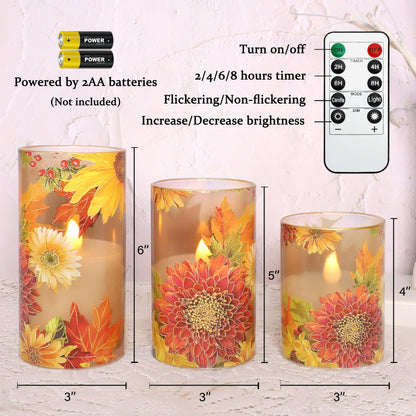 Silverstro Flameless Candles Chrysanthemum Decal with Remote & Timer - Real Wax Flickering Battery Operated Candles - Home Farmhouse Holiday Spring Decorations - Set of 3