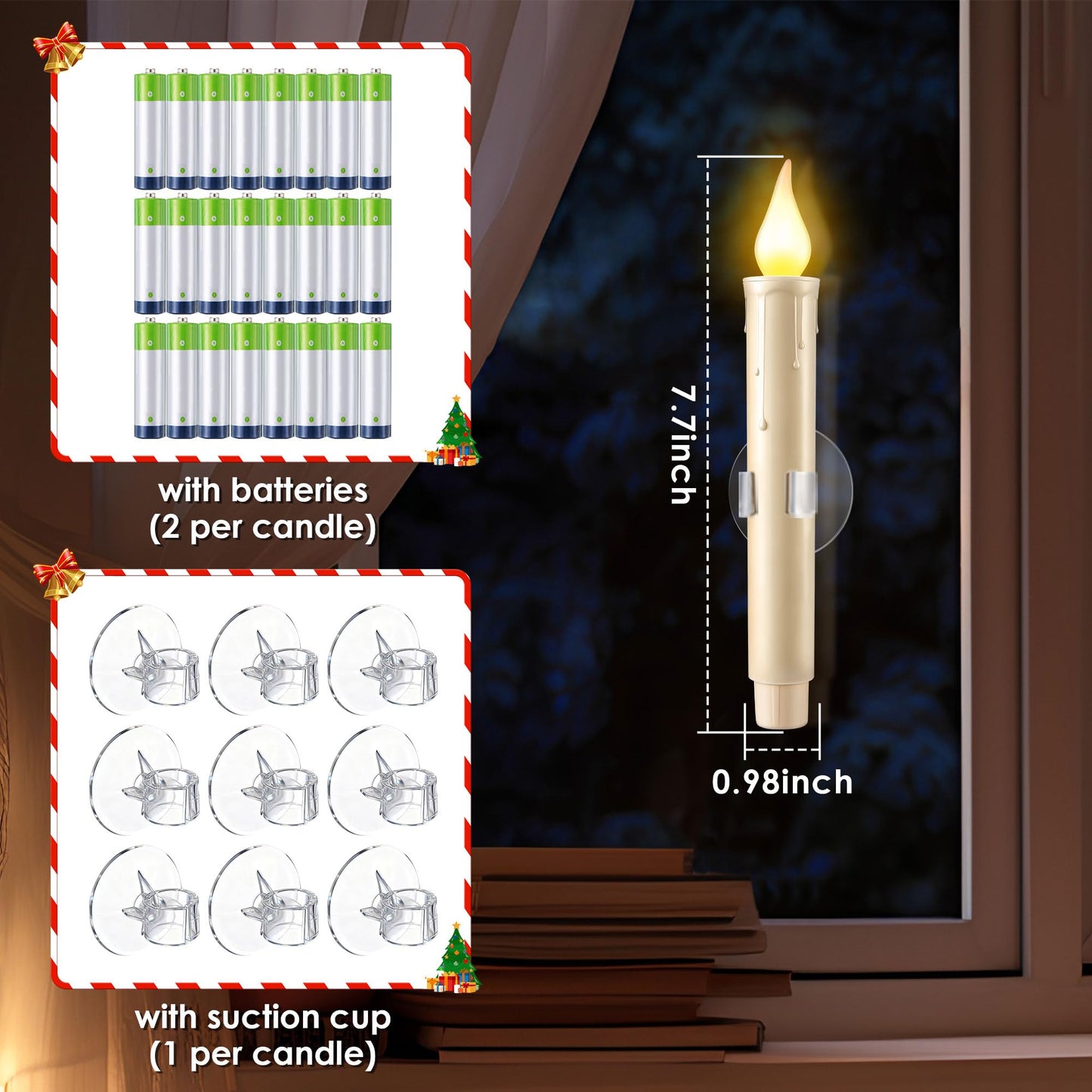 Enhon 12 Pcs Battery Operated Window Candles, Ivory LED Christmas Window Candles with Sensor Dusk to Dawn, Cordless Flameless Taper Candlestick with Battery & Suction Cup for Xmas Wedding Decorations