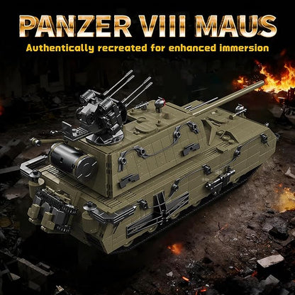 WW2 Panzer VIII Maus Tank Building Sets for Adults Army Military Vehicles Collectible Model for Home Decor (Olive Green)