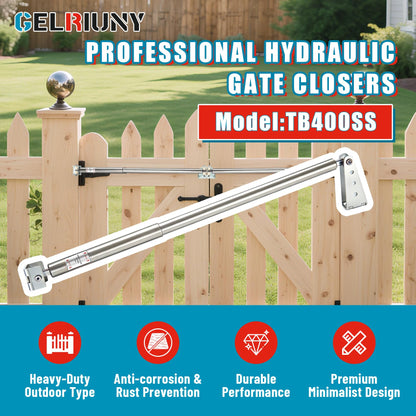 New TB400SS Hydraulic Outdoor Gate Closer for 75 to 175 lbs, Stainless Steel, Width 40 to 64 Inches, for Farms, Ranches, Gardens, Sports Complexes, Home Yards, Opening Pressure 6 to 12 Pounds