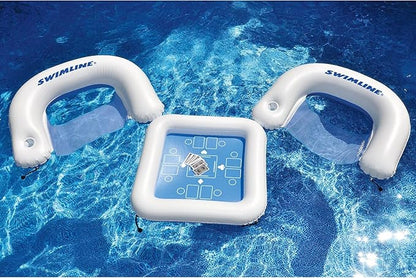 SWIMLINE ORIGINAL Inflatable Game Table Station With Waterproof Playing Cards &amp Two Inflatable Sling Chairs W/ CupHolders | Double Sided Game Set | Poker &amp Card Games | Chess &amp Checkers