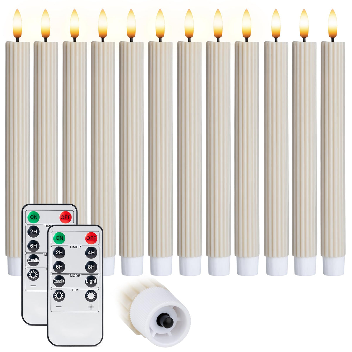 West Ivory 12 Pack, 10" LED Flameless Cream Beige Fluted Ribbed Grooved Taper Candles, Remote & 24h Timer Memory, On/Off Button, Dimmable, Flicker Mode, Battery Operated, Christmas Menorah Wedding