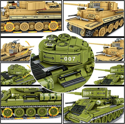WW2 Tank Building Blocks Set – German Tiger and Soviet T-34 Army Tank Military Model Kits Toy Gifts for Boys and Men Collectors
