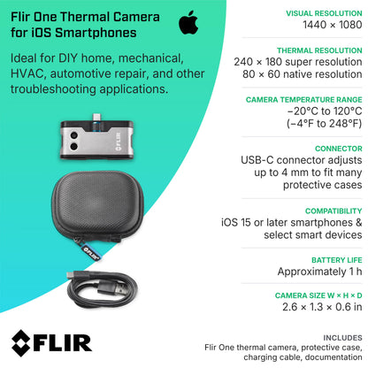 Flir One - Thermal Imaging Camera for iOS Smartphones (iPhone 15 and Newer w/USB-C), 240x180 Super Resolution (80x60 Native IR)
