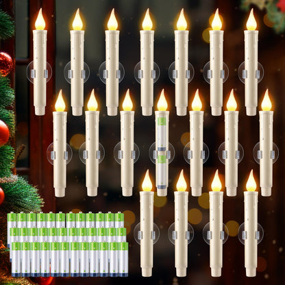 Enhon 18 Pcs Battery Operated Window Candles, Ivory LED Christmas Window Candles with Sensor Dusk to Dawn, Cordless Flameless Taper Candlestick with Battery & Suction Cup for Xmas Wedding Decorations