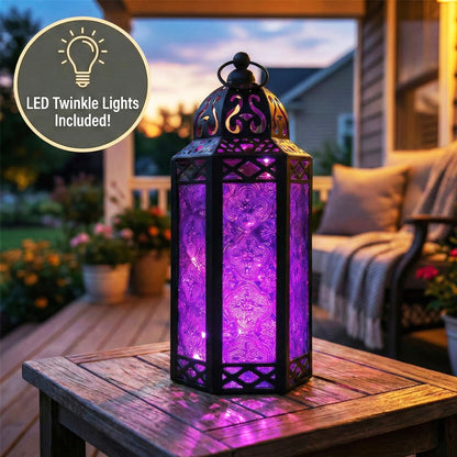 Vela Lanterns Purple Decor Candle Holder, Gothic Lamp with Fairy Lights, Fantasy Decorative Moroccan Lantern, Witchy Whimsigoth Home Decor, Metal Hanging Halloween Spooky Vampire Room Light
