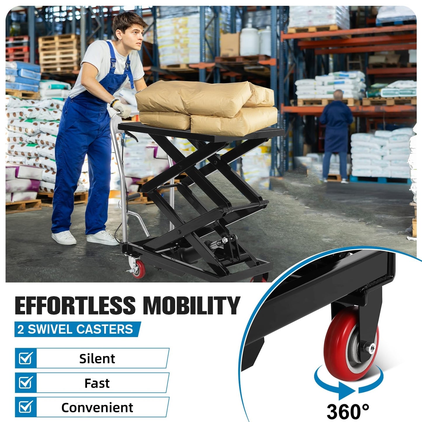 Hydraulic Lift Table Cart, 330lbs Capacity 50" Lifting Height Hydraulic Table Cart, Double Scissor Lift with Non-Slip Pad for Material Handling and Transportation, Black