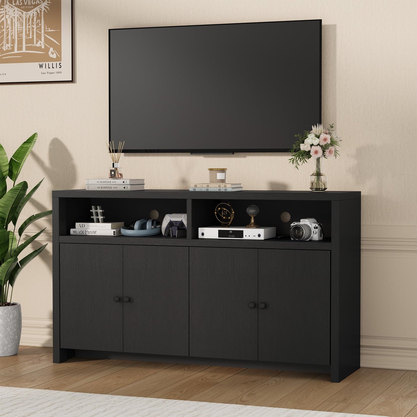 Garvee Buffet Sideboard with Storage, 4 Doors & Adjustable Shelves, 55'' Large Farmhouse Kitchen Storage Cabinet Wood Coffee Bar Cabinet for Kitchen, Dining Room, Entryway, Living Room, Black