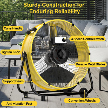 Uthfy 36 Inch High Velocity Floor Fan, 21800CFM Heavy Duty Industrial Drum Fan with 3 Speeds, 360° Tilt Metal Garage Fan with Wheels for Warehouse, Commercial, Workshop, Factory and Gym