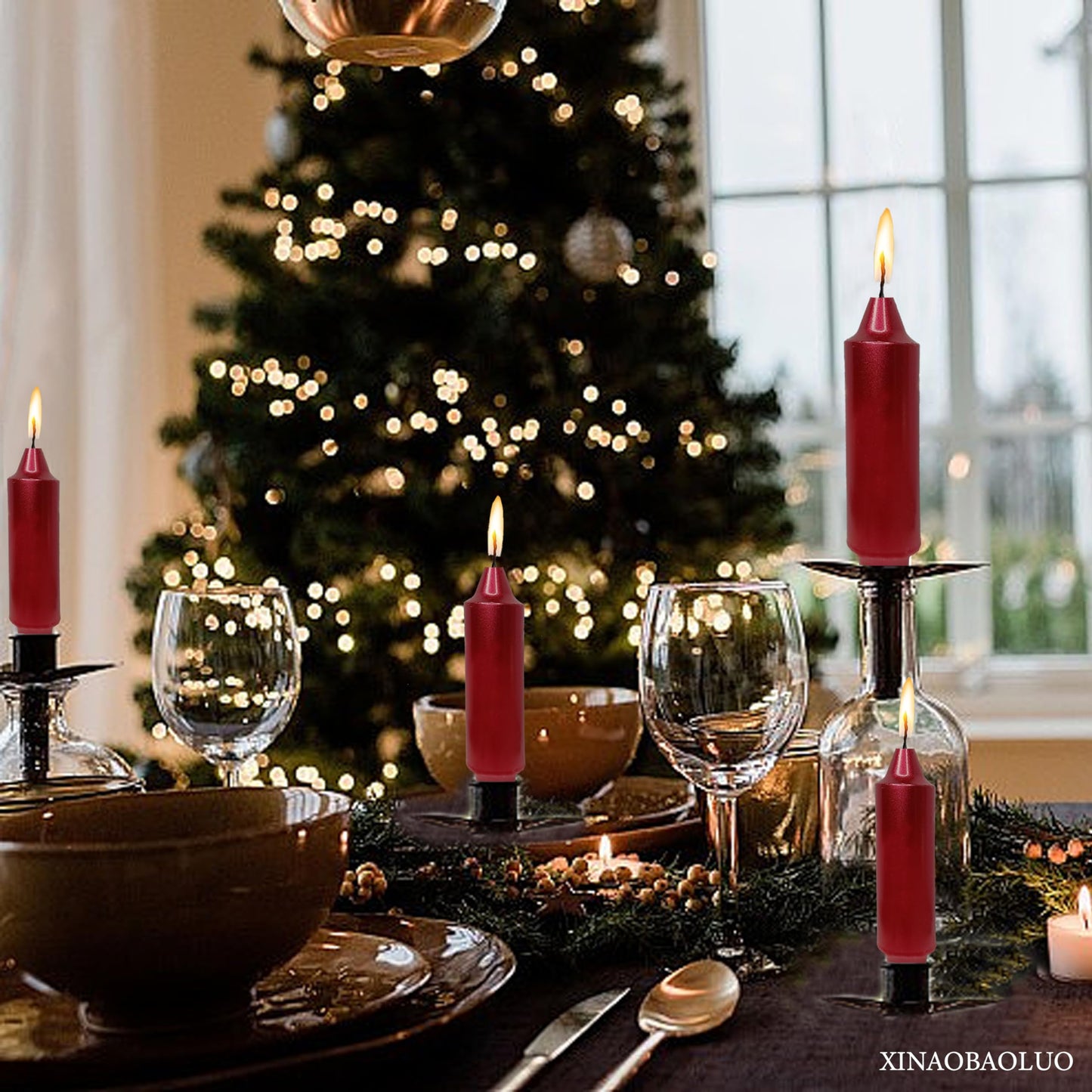 Christmas Metallic Red Candle 5 Inch Short Smokeless Taper Candles 4 Pack Unscented Dinner Candle for Christmas Dinner
