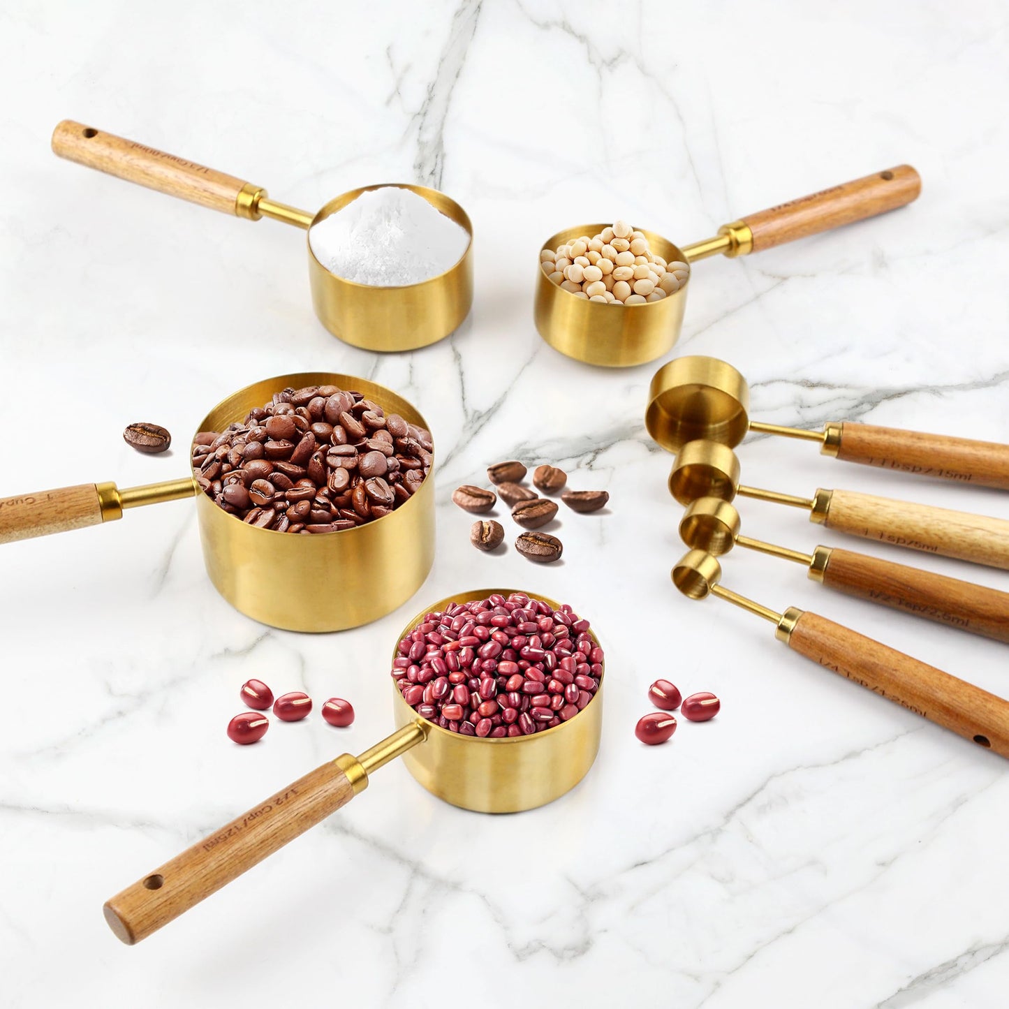 Gold Measuring Cups and Spoons Set,8 Piece Premium Stainless Steel Measuring Cups with Wood Handles,4 Stackable Wooden Measuring Cups and 4 Measuring Spoons Set for Baking Supplies in the Kitchen