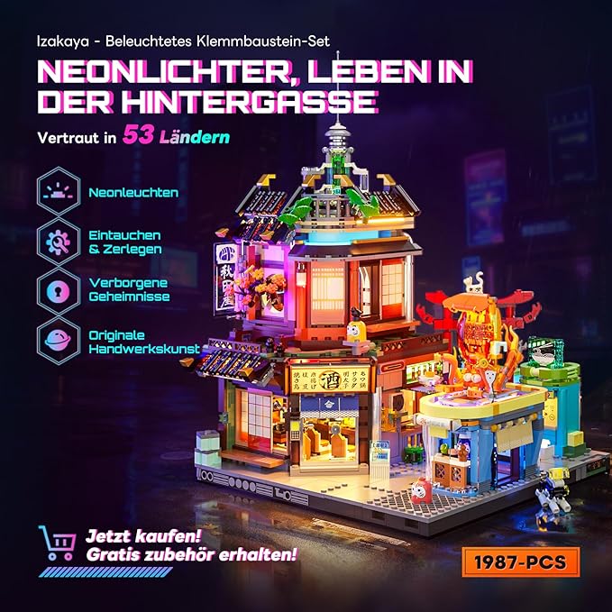 FUNWHOLE Cyberpunk Japanese-Izakaya Lighting-Building-Bricks Set - Cyberpunk Neon City Future Pub Japanese Street View House Collection LED Light Model Set 1987 Pcs for Adults and Sci-fi Lovers