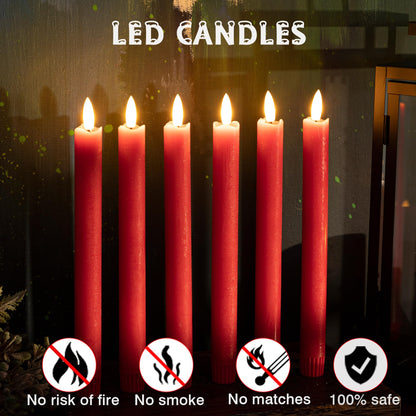 AFINETH Red Flameless Taper Candles with Rmote, 9.6" Real Wax Battery Operated Candles with 3D Wick, 6 Pack Flickering Led Candlesticks, Electric Candle for Home, Wedding, Party, Decor