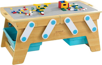 KidKraft Building Bricks Play N Store Wooden Table Children's Toy Storage with Bins 200+ Building Blocks Included Natural Gift for Ages 3+
