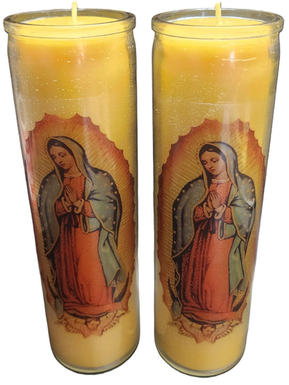 100% Beeswax Devotional Candle, Our Lady of Guadalupe Glass Prayer Candle, 8" H x 2" W, 100 Hours Burning time Made in USA. (2)