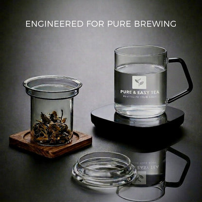Pure And Easy Tea, Glass Tea Infuser Mug with Lid - Plastic-Free Borosilicate Steeping Cup for Loose Leaf Tea and Tisanes, 400 mL/13.5 oz