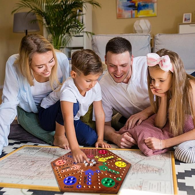 Wooden Board Game Board Game Original Marble Game Double Sided Painted 2 to 6 Player Fast Track Wooden with 6 Colors 24 Marbles 6 Dice for Adults Kids Family(15 INCH Flame)