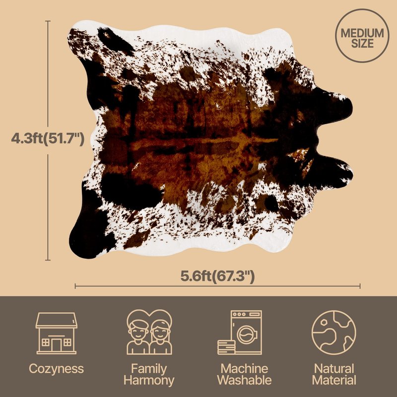 CONBEN Faux Cowhide Rug Large (4.3ft x 5.6ft) - Non-Slip Backing, Cow Print Decor - Fireplace Hearth Rug, Wall Art Farmhouse, Western Floor Rugs for Living Room, Bedroom, Dining Area or Office