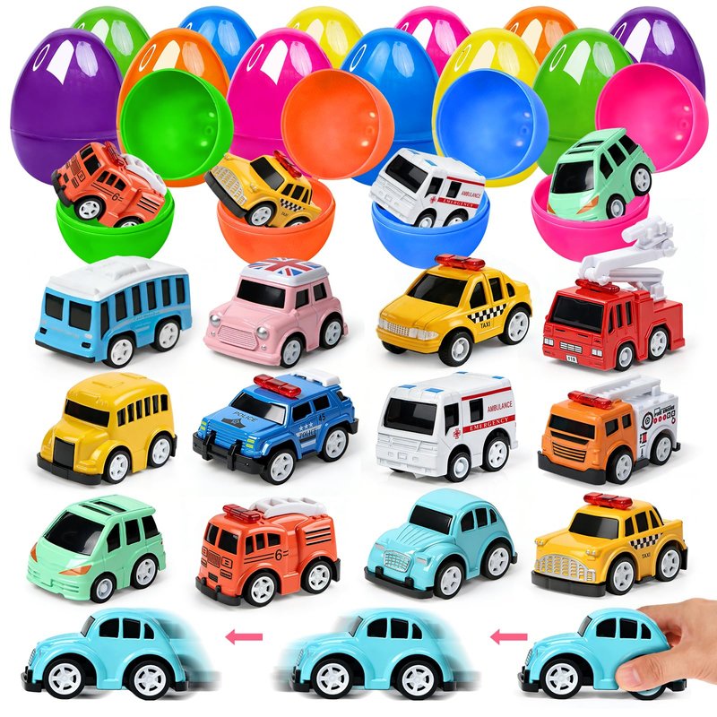 12 Pcs Prefilled Easter Eggs with Mini Cute Pull Back Alloy Car Toys for Toddlers Kids Easter Basket Stuffers Egg Hunt Party Favors Classroom Prizes for Boys and Girls