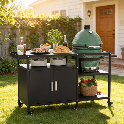 Mobile Grill Cart Compatible with Big Green Egg, Heavy Duty Metal Grill Table for Large/Medium Ceramic Charcoal Grills, Outdoor Kitchen Island Prep Station with Storage Cabinet, 6 Wheels