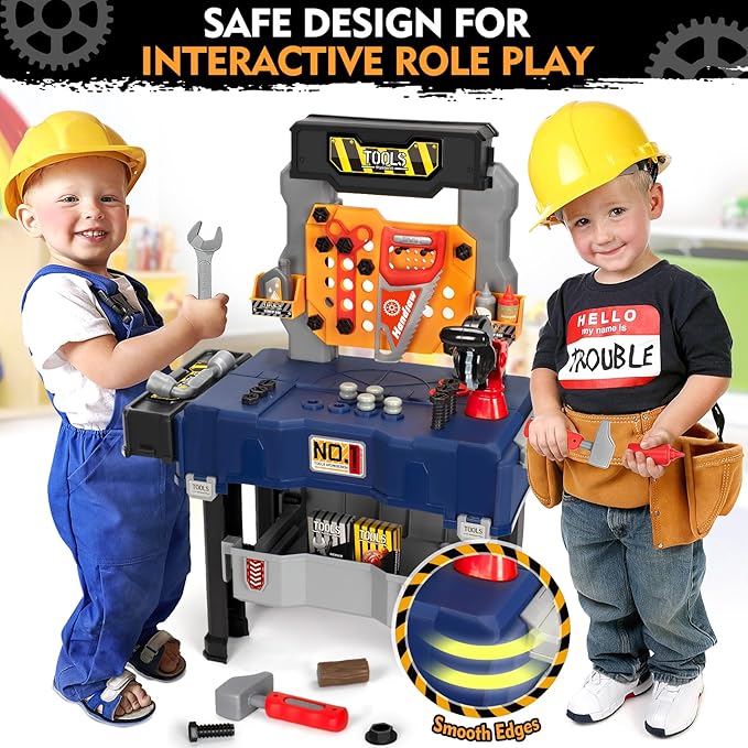 Kids Tool Bench with Electric Drill and Chair Christmas Birthday Gift for Boys Girls Age 345+ Fun Play Kids Workbench Transformable Toddler Tool Box Set Construction Tool Toys for Toddler 3-5